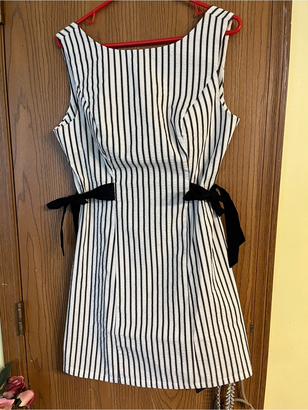 Black and White Striped Sleeveless Tie-Waist Dress